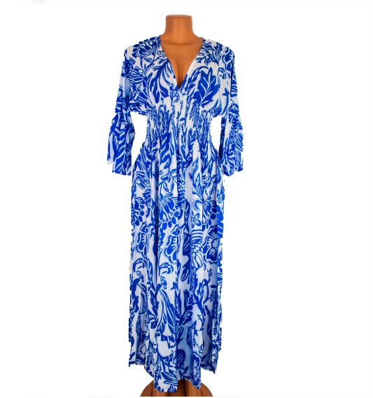 Women's half-hand blue and white print dress women's holiday casual crew-neck dress