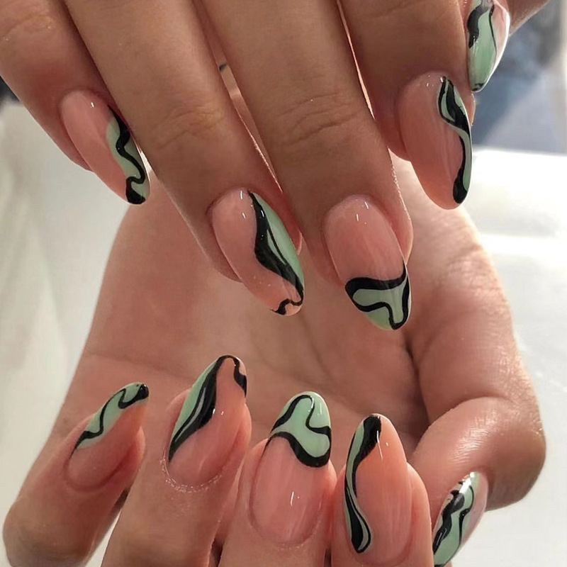 JP1930 24 Pcs Glossy Press on Nails, Medium Stiletto Simple Green French Black Waves Prints Fake Nails, Full Cover Artificial False Nails for Women and Girls
