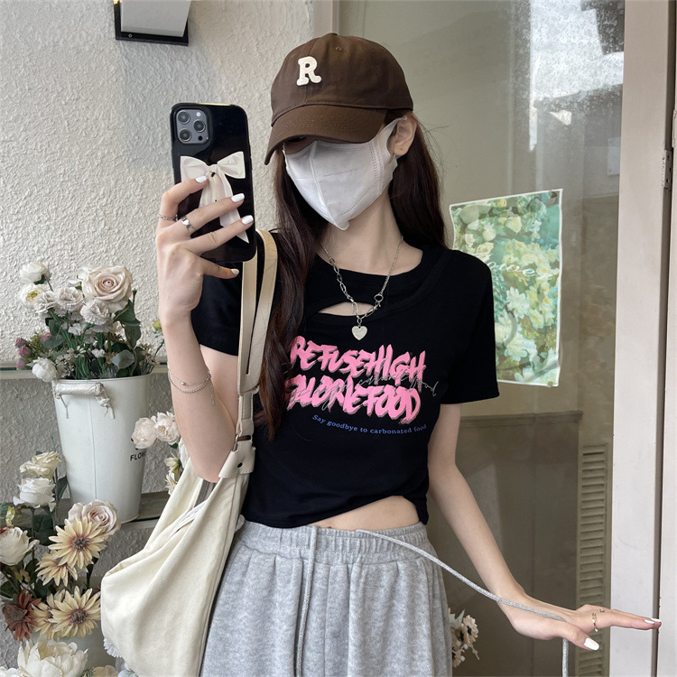 WYP-6791 Women's Fashion Loose Cutout Design Sense Printed Slim Slim Cropped T-shirt