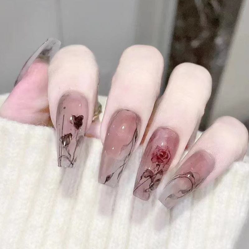 R657 24 Pcs Glossy Press on Nails, Medium Coffin Long Smudge Ink Rose Prints French Fake Nails, Full Cover Artificial False Nails for Women and Girls
