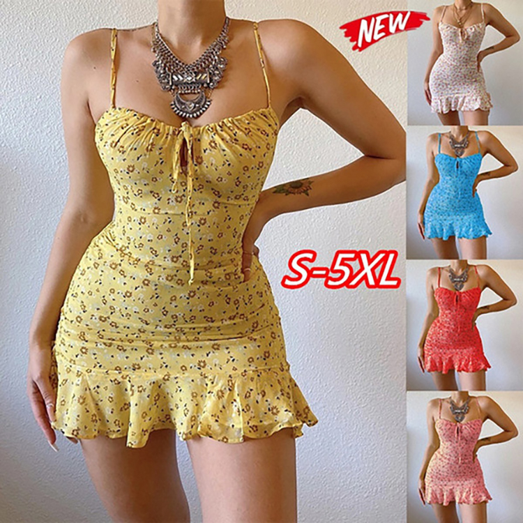 004 Sun Dresses for Women,Women's Sexy Floral Cutout Sling Mini Dress Fashion Sleeveless Ruffle Summer Short Dress
