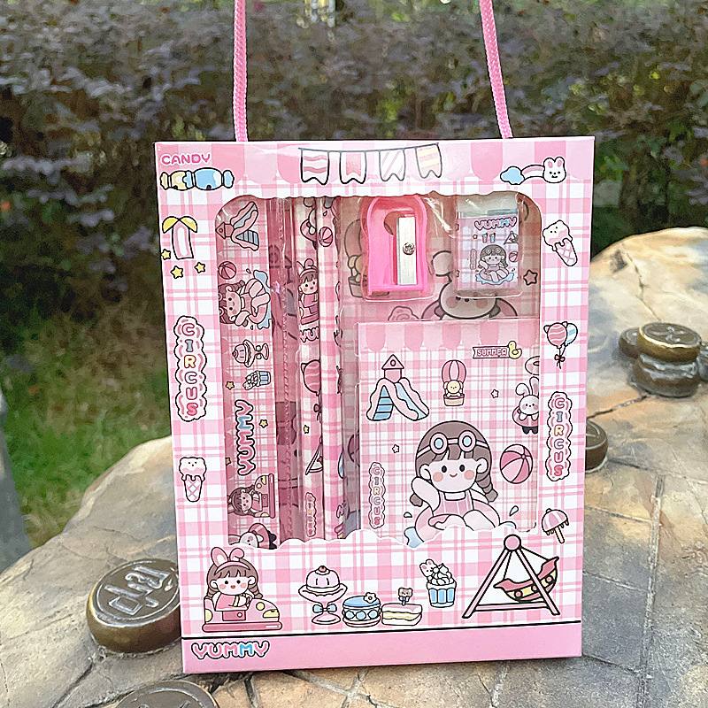 Kawaii Sanrio Painting Primary Stationery Set Kuromi Melody Cinnamoroll POM POM Cartoon Pencil Eraser Pencil Case Student Gifts