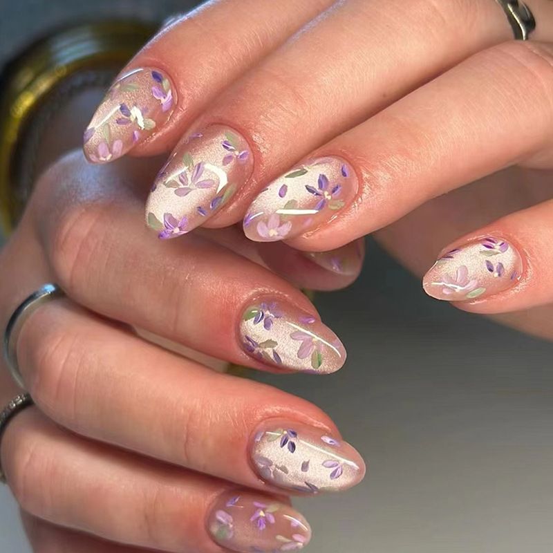 W1546 Glossy Press on Nails, Medium Stiletto Cat's Eye Purple Flowers Prints Sweet Style Fake Nails, Full Cover Artificial False Nails for Women and Girls
