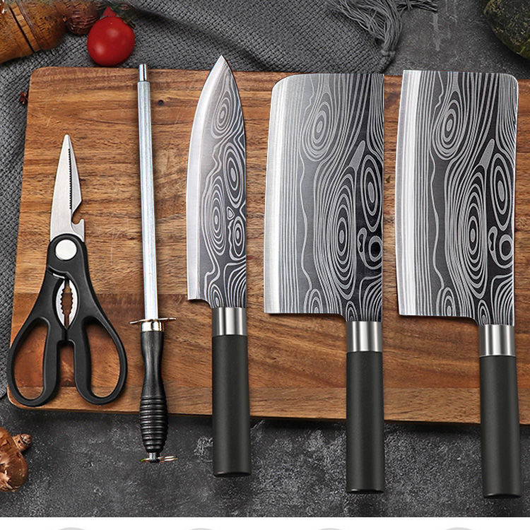 5 Pieces Kitchen Knife Sets, Professional Chef Knives Set High Carbon Stainless Steel Vegetable Meat Cooking Knife with Plastic Handle, Scissors & Sharpener