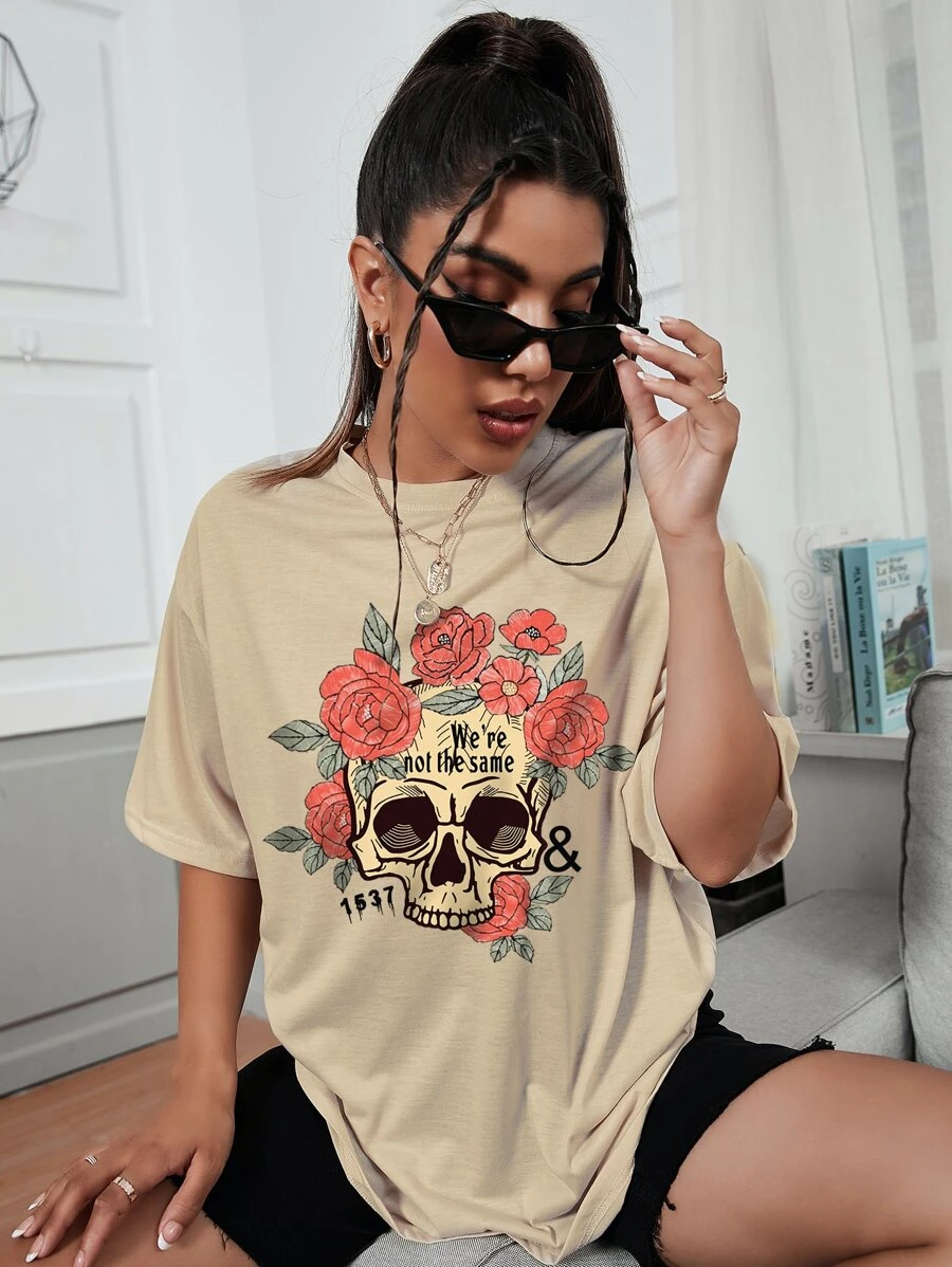 DX043# Floral And Skull Print Tee T-Shirt