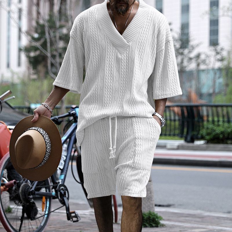 New European American Casual Loose Seven Quarter Sleeve Jacquard Knitted Sweater Top Shorts Men's Clothing Sets Two-Piece Outfits