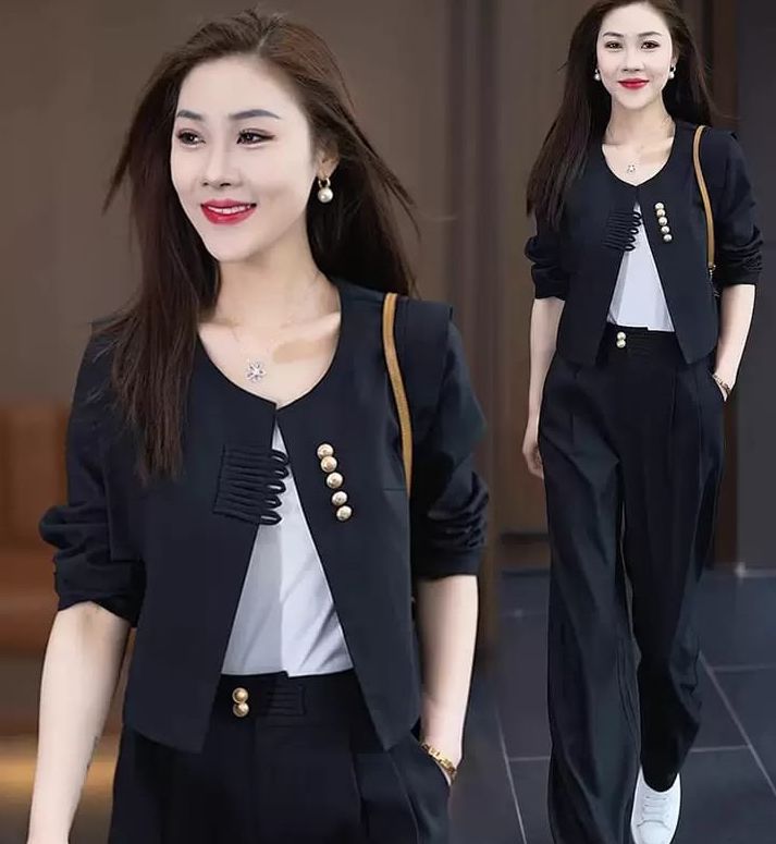 Women's Fashionable and Elegant Black Formal Long Sleeve Business Dress Two Piece Office Suit Set