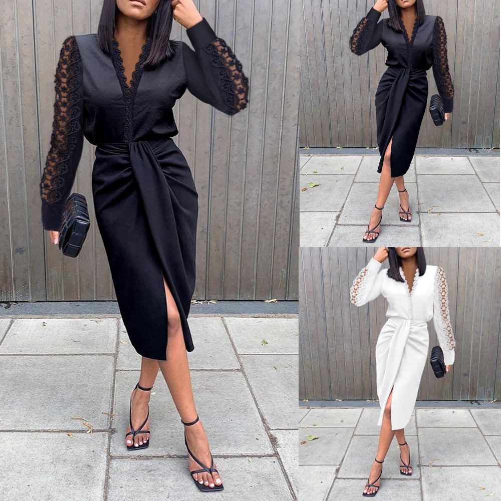 Explosive autumn/winter V-neck lace long sleeve bag hip waist dress women ST21188