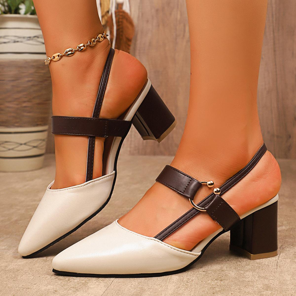 High-heeled sandals female summer 2025 new foreign trade Baotou pointy word buckles Korean version shallow mouth thick heel heels