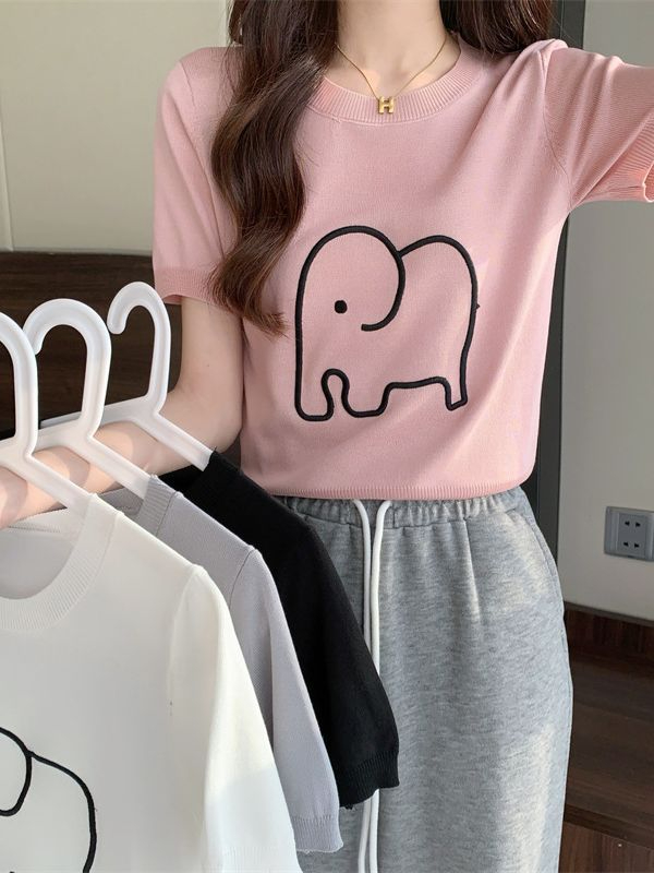 LDN-55052 Women's Loose Versatile Short Sleeve Round Neck Embroidered Baby Elephant Thin Ice Silk Sweater T-shirt Top