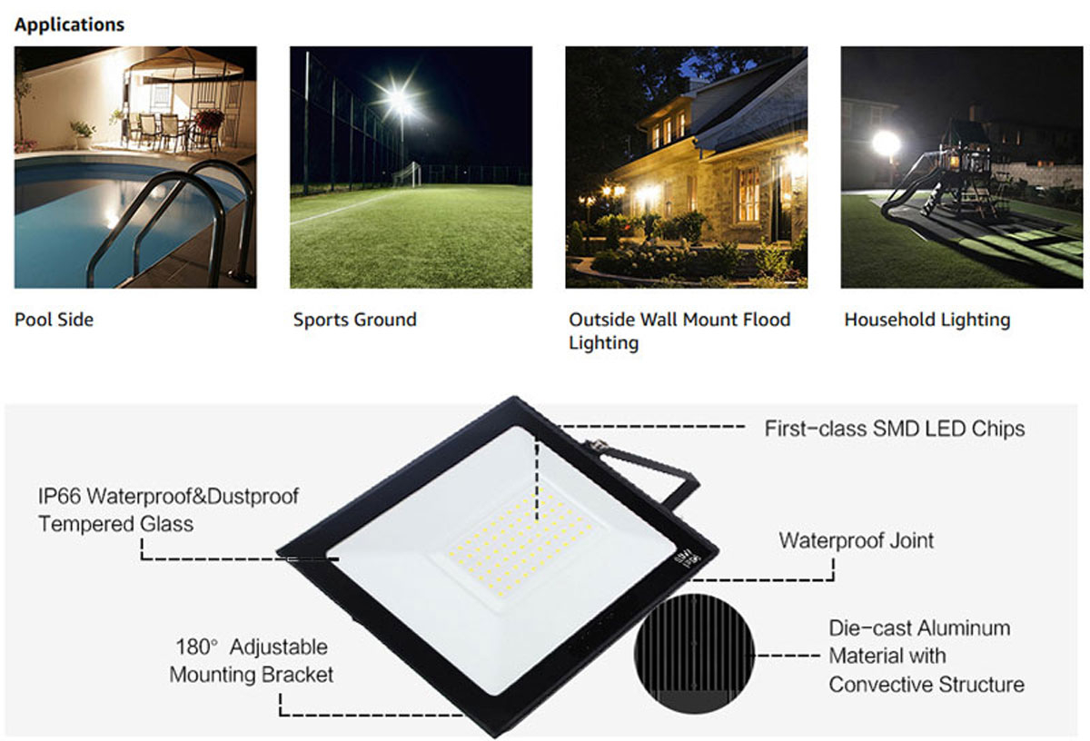 LED Flood Light Outdoor, Super Bright Outside Floodlights, IP66 Waterproof Exterior Security Light, 5000K Daylight White Durable Outdoor Lighting for Yard Lawn