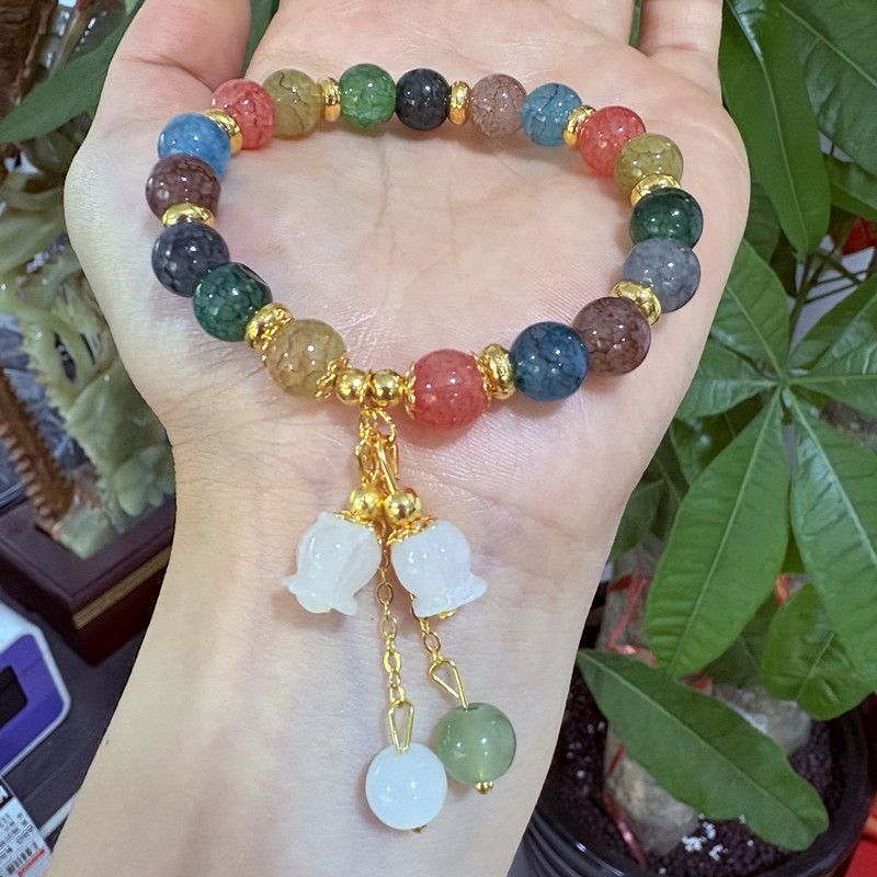 Dainty Niche Design Rainbow Multicolor Lotus Bead Bracelet for Ladies, Cute Orchid Pendant Summer Fashion Hand Jewelry for Daily Beach Party Decor