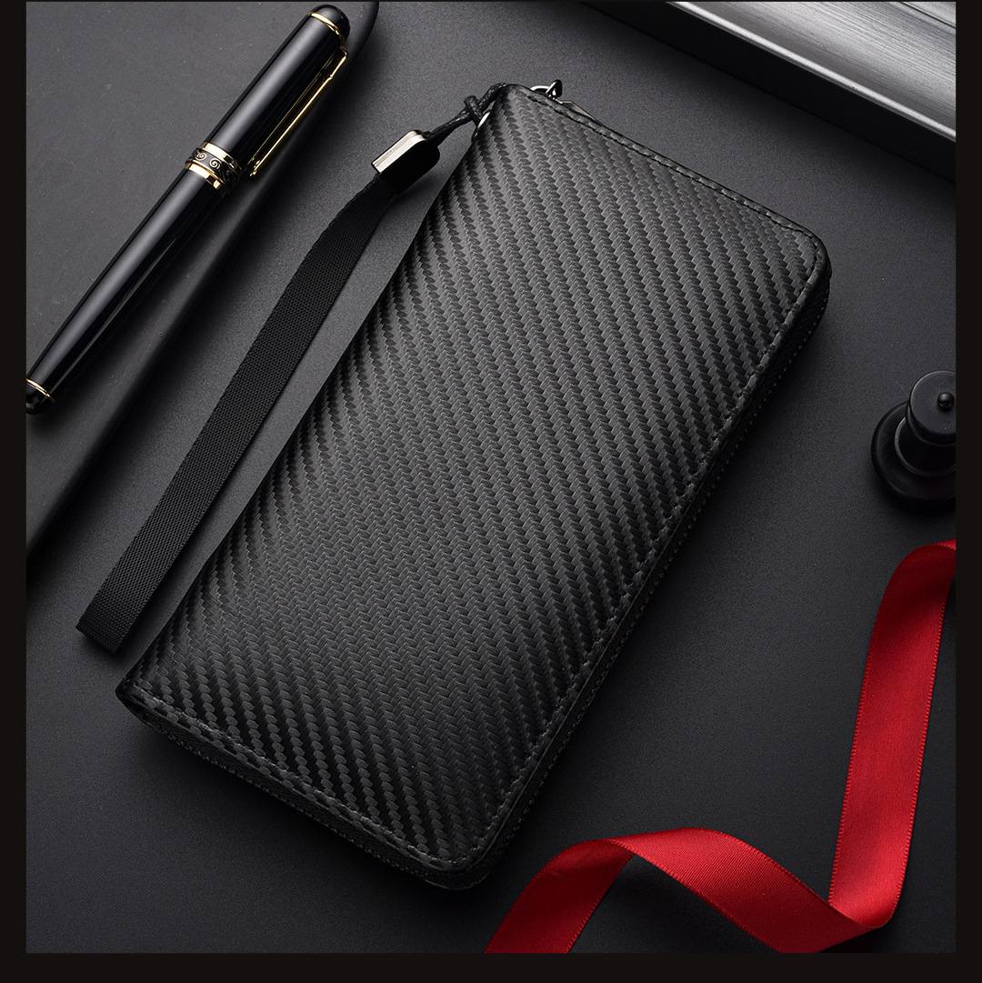Men Carbon Fiber RFID Blocking Wallet, Large‑Capacity Casual Hand Clutch Purse with Multi‑Card Slots Coin Pocket