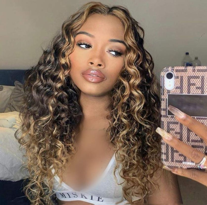 CJ22915 Highlight Curly Long Wig Human Hair Honey Blonde Gradient Color Brazilian Brown Color Deep Water Wave Lace Frontal