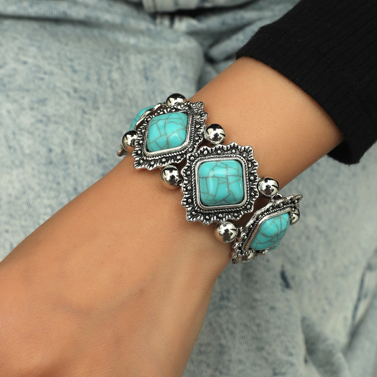 HY034 Women's Vintage Alloy Turquoise Elastic Bracelet Bohemian Bracelet Travel Souvenir Ornament