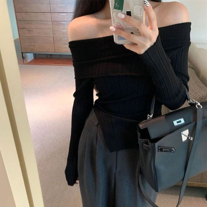 HH-B-203 Women's Spring and Autumn Sexy Off Shoulder Top Solid Solid Color Top