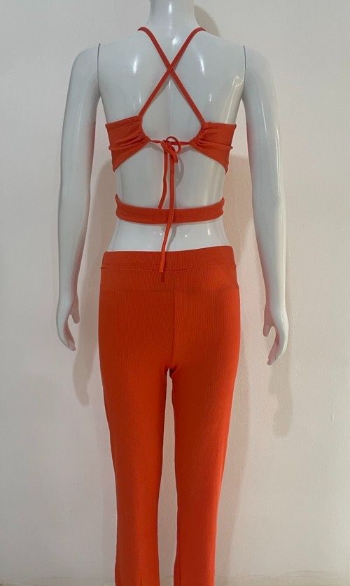 Suspenders pleated slim fit two-piece set Spice girl pleated suspenders, slacks set solid color knitted split top + bootcut slim turned-up trousers