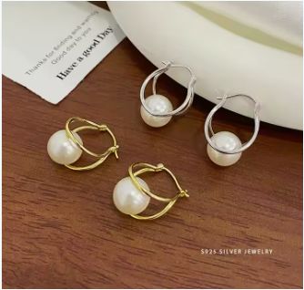  Double layered hoop huggies pearl earring 18K gold plated circle earrings piercing jewelry women

