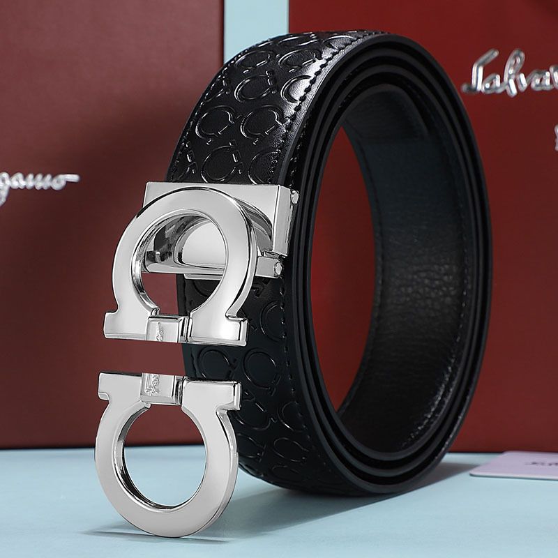 Men's Fashion Business Alloy Smooth Buckle Belt Casual Youth Genuine Leather BeltBlack Silver