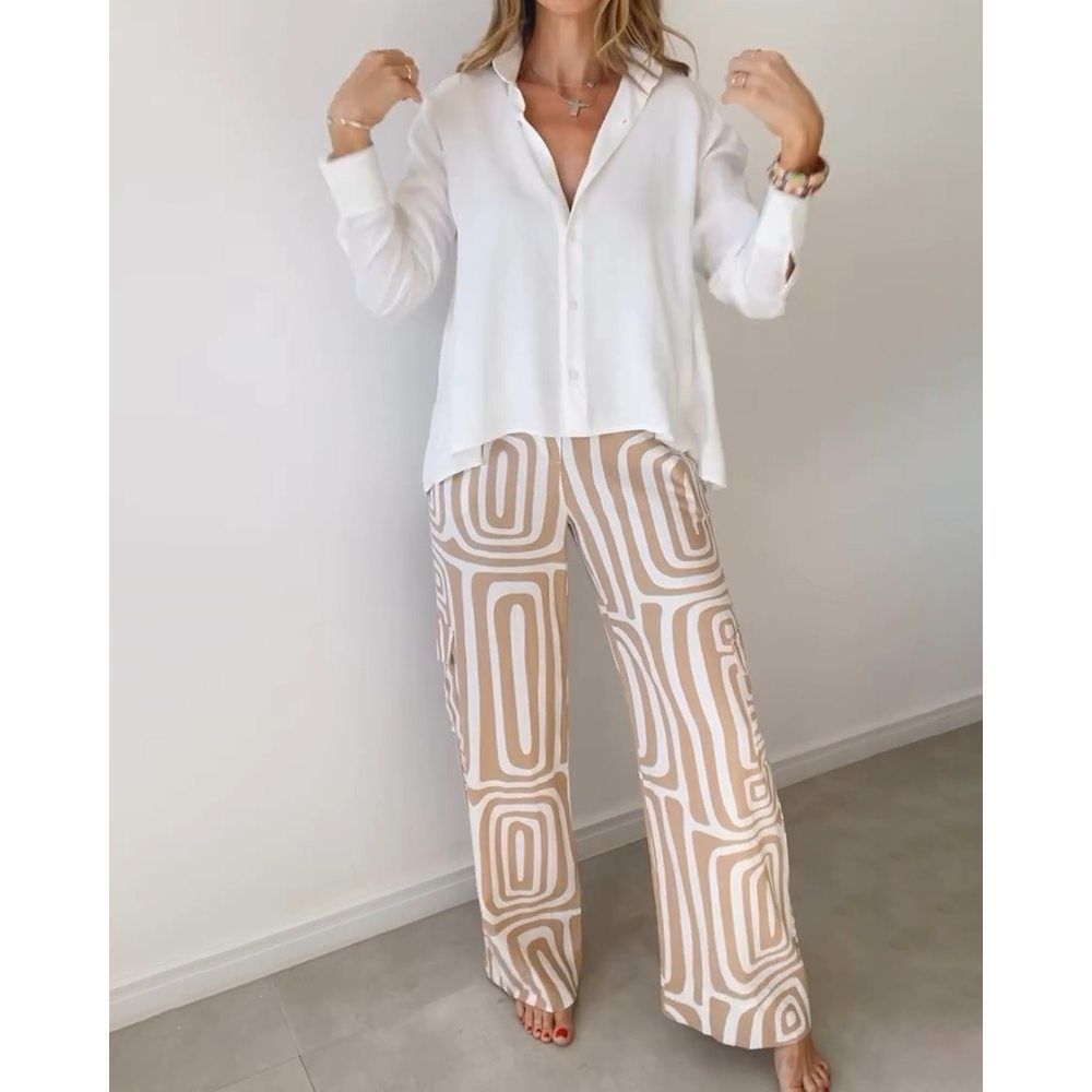 Women Europe and the United States casual suit women's digital print commuter shirt loose trousers two-piece set S-3XL
