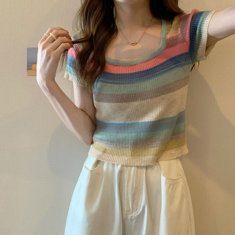 Women Knitted Tops Rainbow Striped Tunic Tees Shirts Female Loose Casual T-Shirts