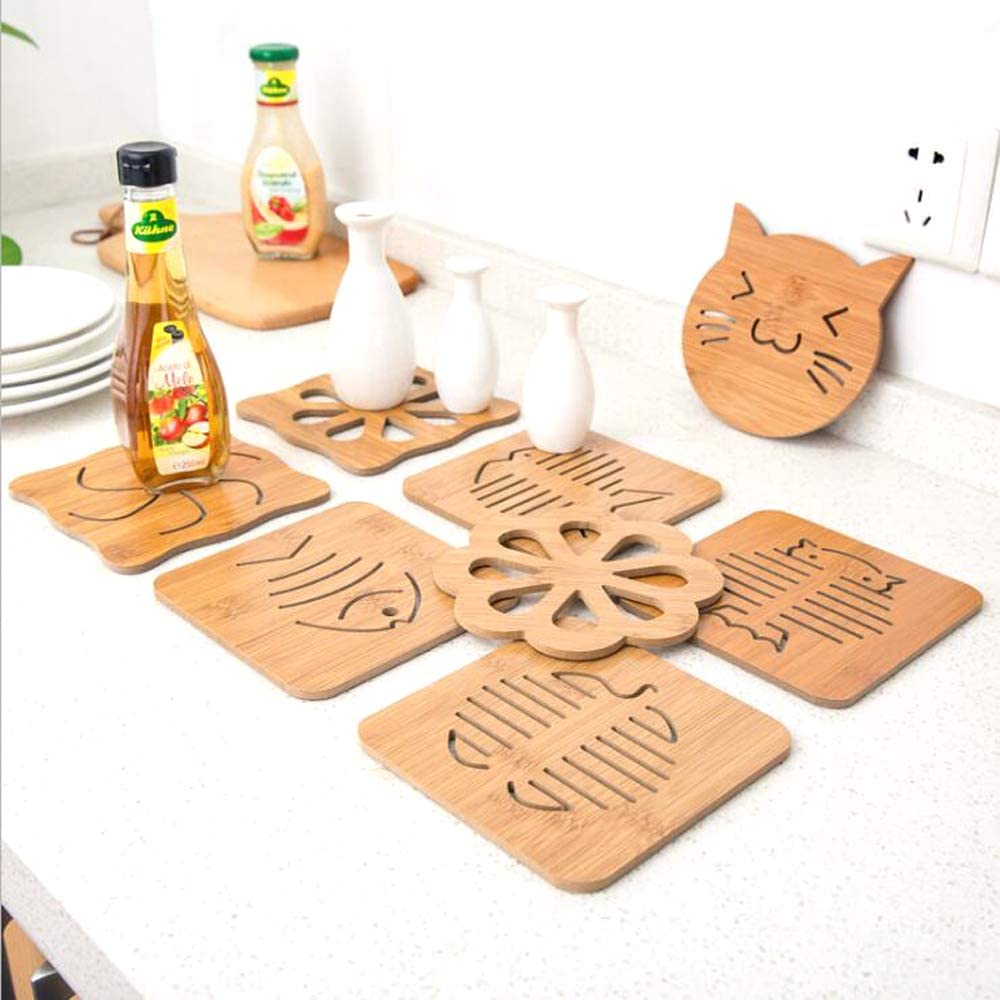 6pcs Bamboo Trivet Mat Set Cute Cartoon Multifuntion Kitchen Bamboo and Wood Non-Slip Insulation Table Mat Hot pads Tool for Hot Dishes/Pot/Bowl/Teapot/Coaster/Hot Pot Holders