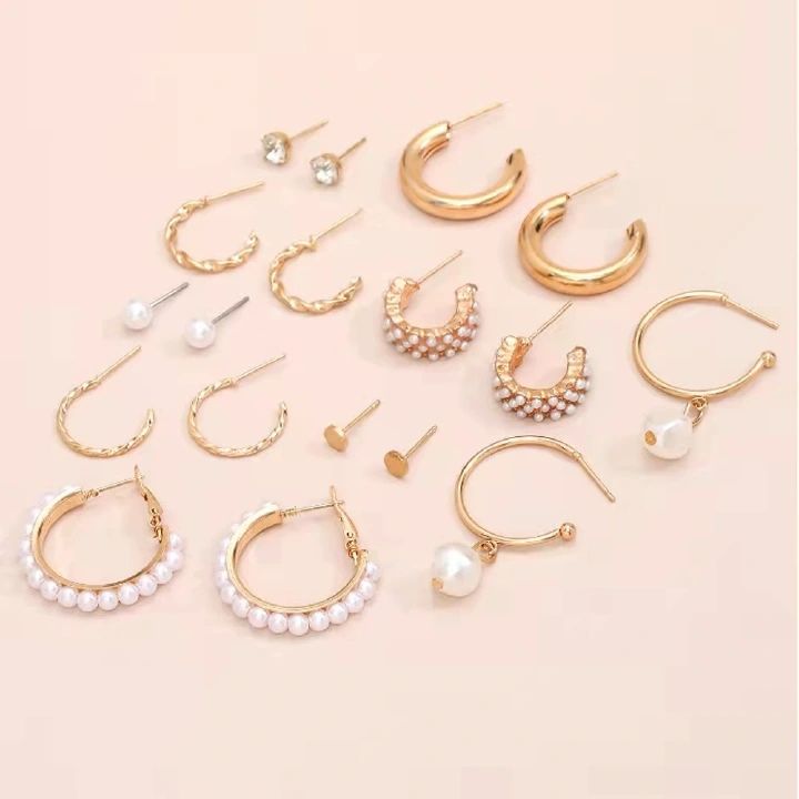 9Pcs/Set Women Earrings Rhinestone Pearl Exaggerated Gold Creative Personality Relief Earrings Women's Fashion Accessories Jewellery