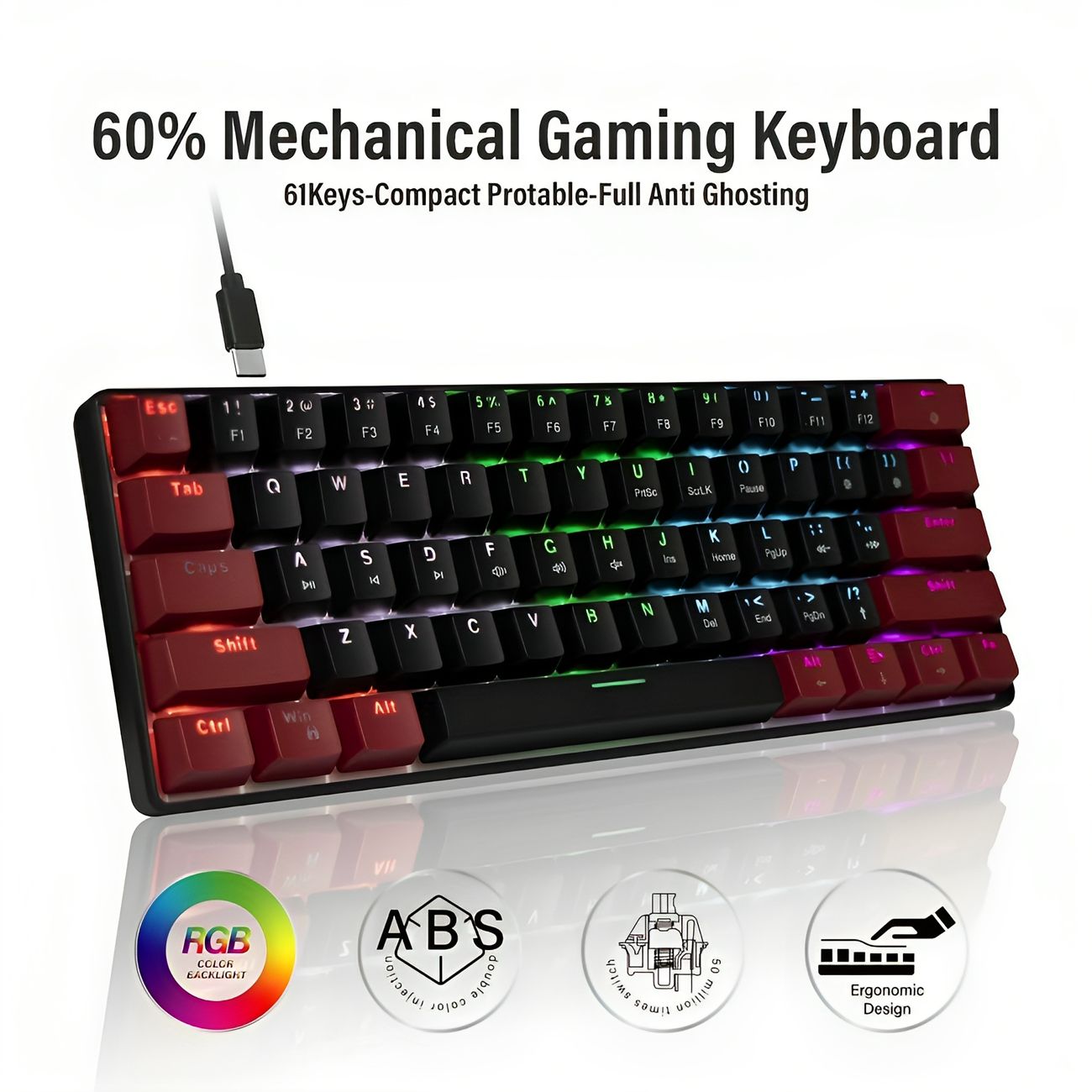 Green shaft 61 keys computer keyboard office portable compact wired 6 game mini RGB light-emitting gaming mechanical keyboard