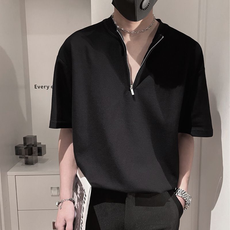qs-t24 Cotton T-shirt Half Zipper Drop shoulder Casual Men's T-shirt