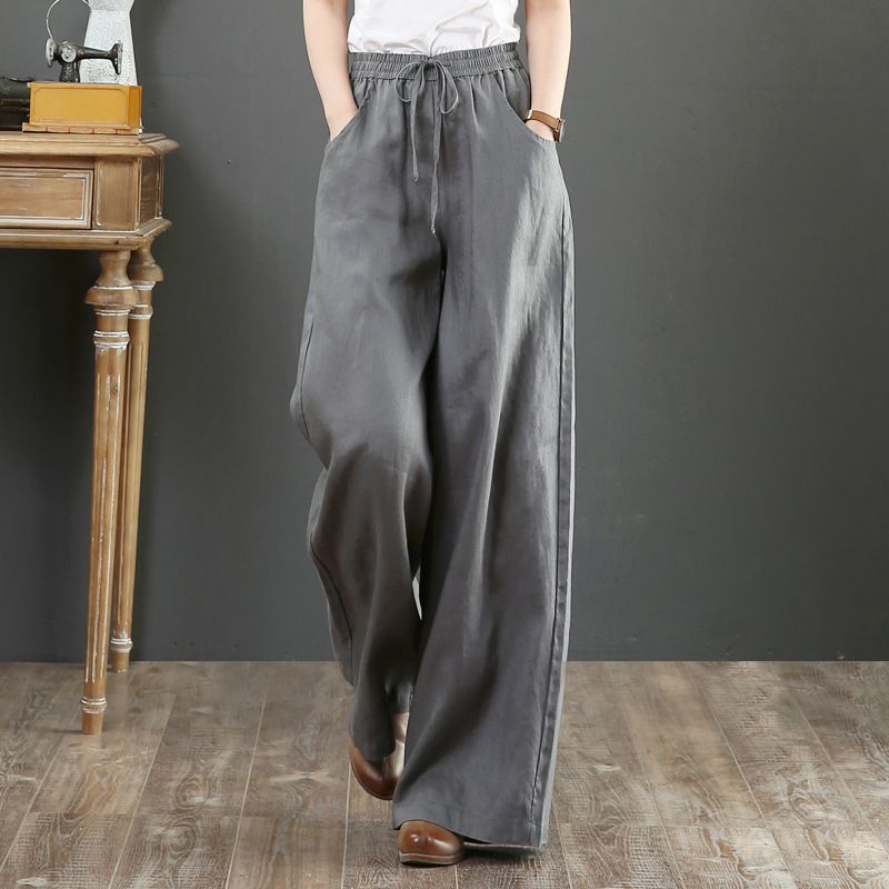 2024 Spring Summer literary cotton and linen baggy plus-size wide-leg pants high-waisted floor-length pants straight trousers linen women's pants 05009