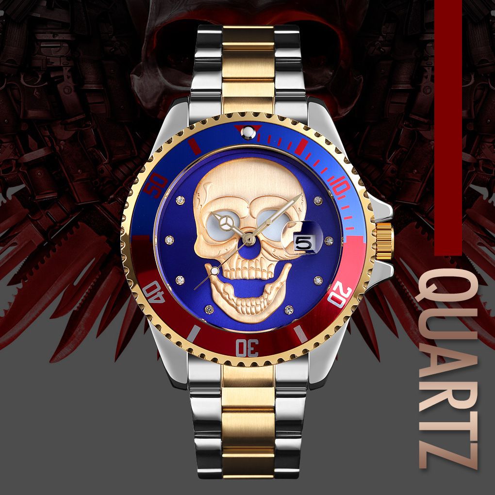 Fashion European and American net red with a diamond set skull head glow-in-the-dark men waterproof quartz watch