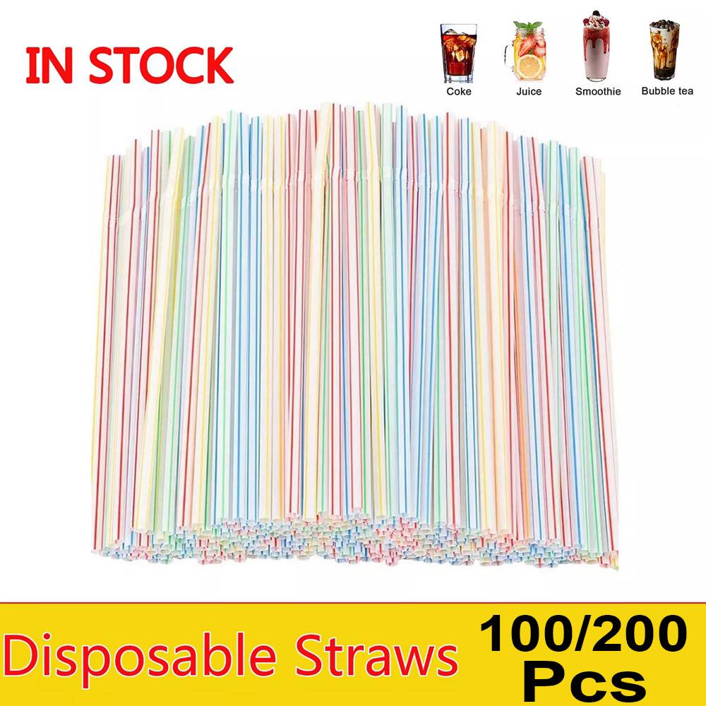 100Pcs Fluorescent Plastic Bendable Drinking Straws Disposable Beverage Straws Wedding Decor Kitchen Beverage Party Supplies