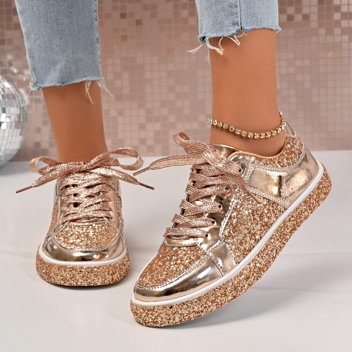 2025 Autumn New Style Sequined Lace-Up Platform Low-Top Shoes Women's Plus Size Fashion Casual Sneakers