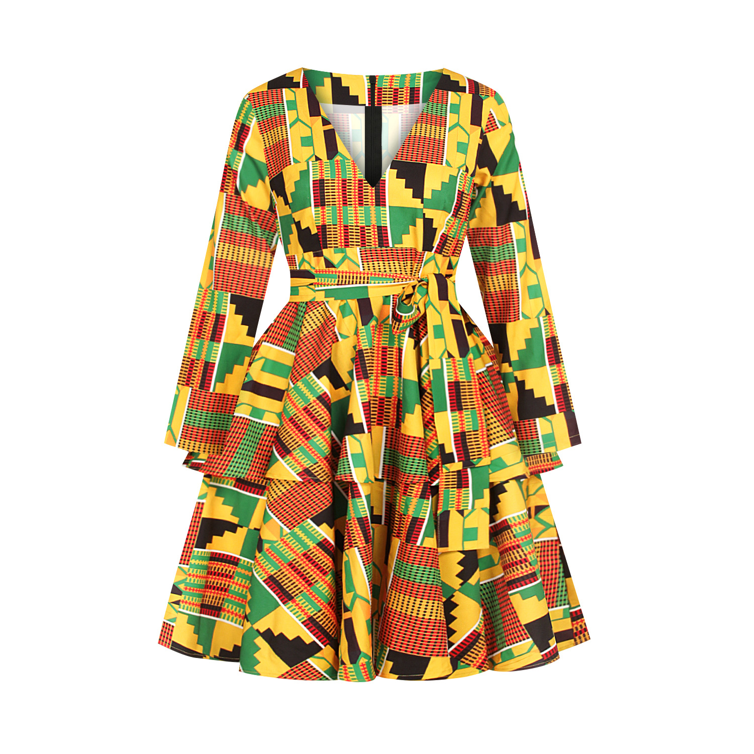 FQIG Women African Floral Print V Neck Long Sleeve Dress Dashiki Ruffle Swing Pleated Layered Ruffled Hem Party Dress
