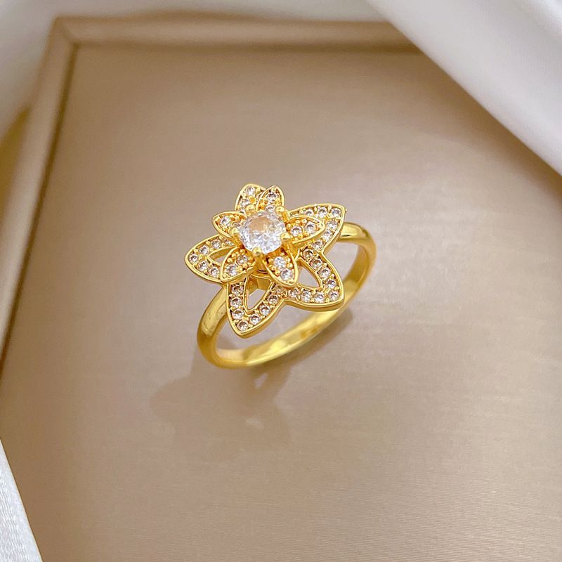 Women Adjustable Open Rotatable Double Layer Flower Ring Full Micro Paved Cubic Zircon Real Gold Electroplated Minimalist Elegant Stackable Finger Band Simple Daily Hand Jewelry Matching Couple Ring Lightweight Copper Chic Index Accessory Gift For Ladies Gentlemen
