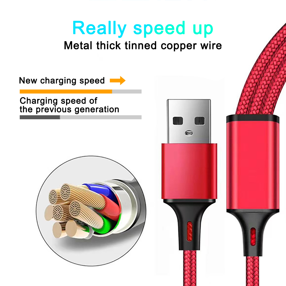 1.2m nylon braided one to three data cable multi 2A fast charging 3 in 1 phone charging cable