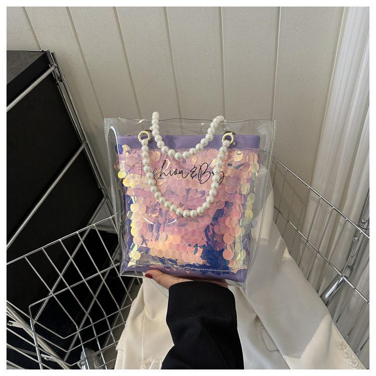 2024 New Transparent Laser Jelly Bag Shoulder PVC Pearl Tote Bag Fashion Shopping BagPurple