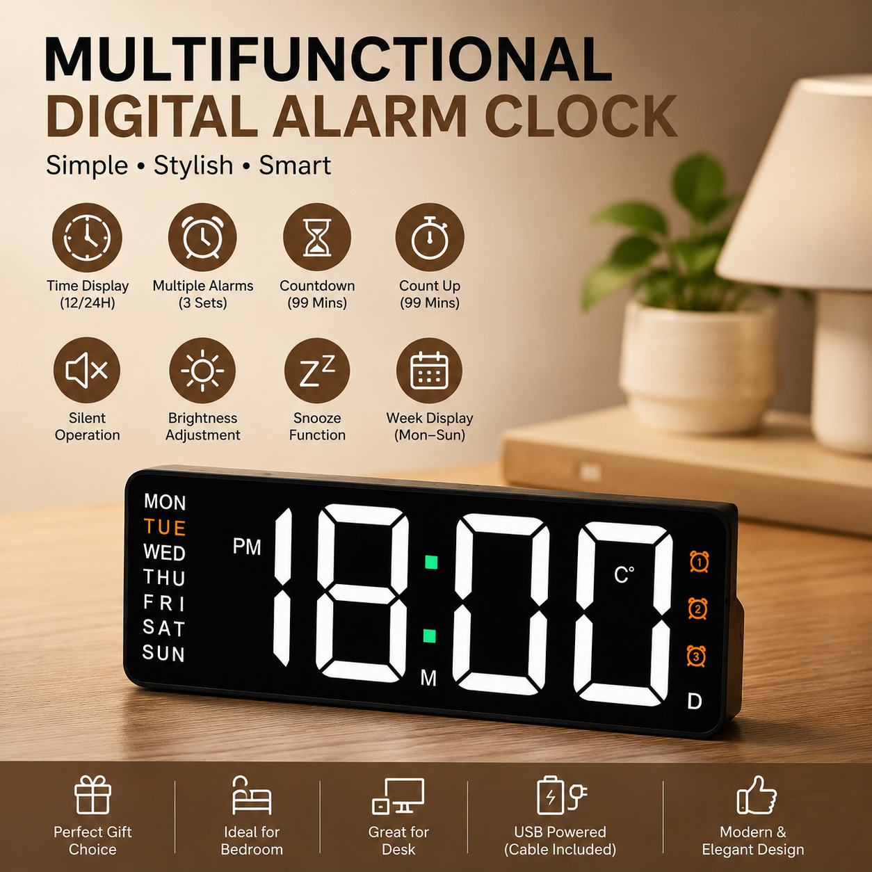 Multi-functional Mute LED Digital Alarm Clock with Countdown Function Adjustable Brightness Dimmable Screen Snooze Time Display Electronic Desk Clock for Student Bedroom Office Study
