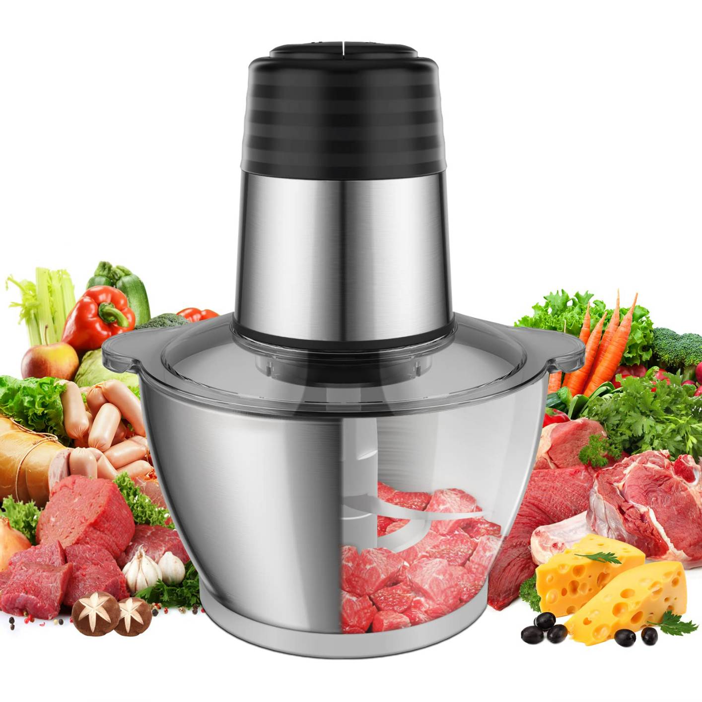 MECOLA Food Chopper, with 2L 8-Cup Robust Stainless Steel Bowl , 300W Kitchen Food Processor with 500ml Food Capacity for Meat, Vegetables, Fruits or Nuts, Meat Grinder Blender