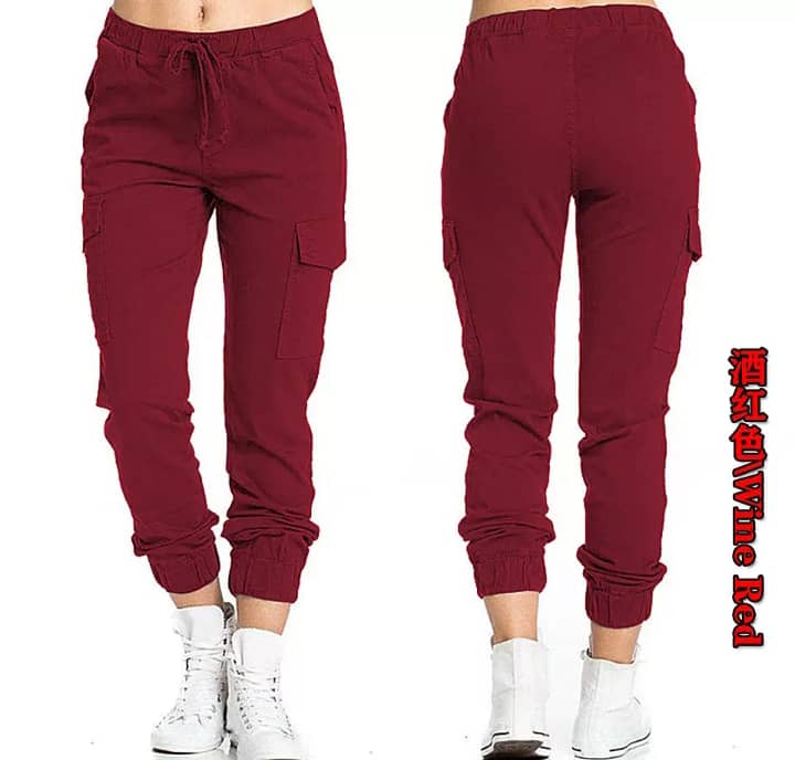 Drawstring Design Women Cargo Wine Pants With Pockets Jogger Pants 