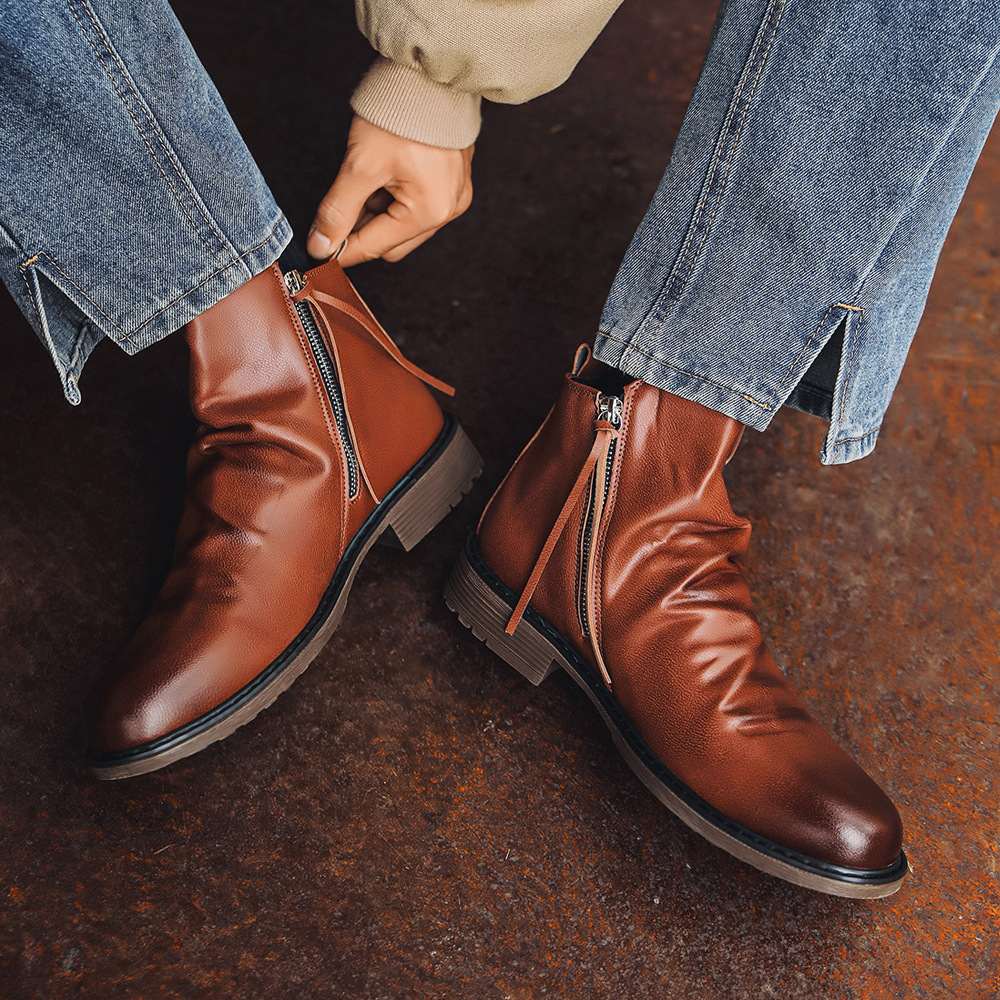 Double Zipper Anti Slip Sole Men's Boots Men's Shoes Tassel Boots Men's Leather Boots 48 Large Size Shoes