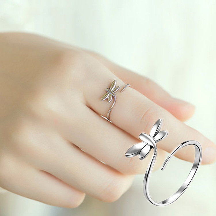 Women Simple Silver Jewelry Opening Adjustable Dragonfly Rings