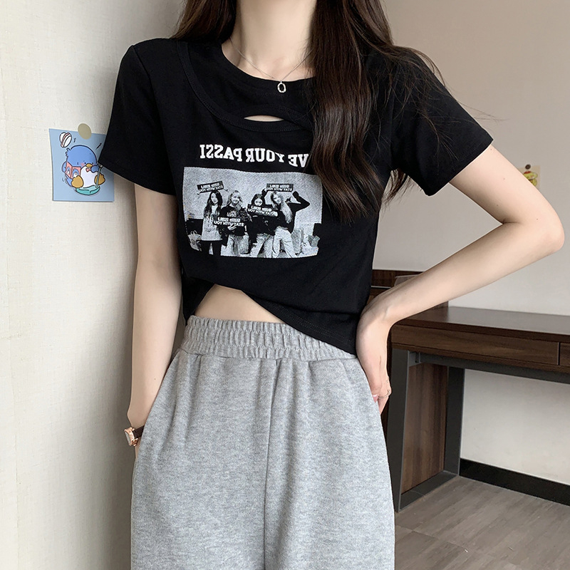 Women's Summer New Vintage Print T-Shirt Crewneck Hollow Out Top