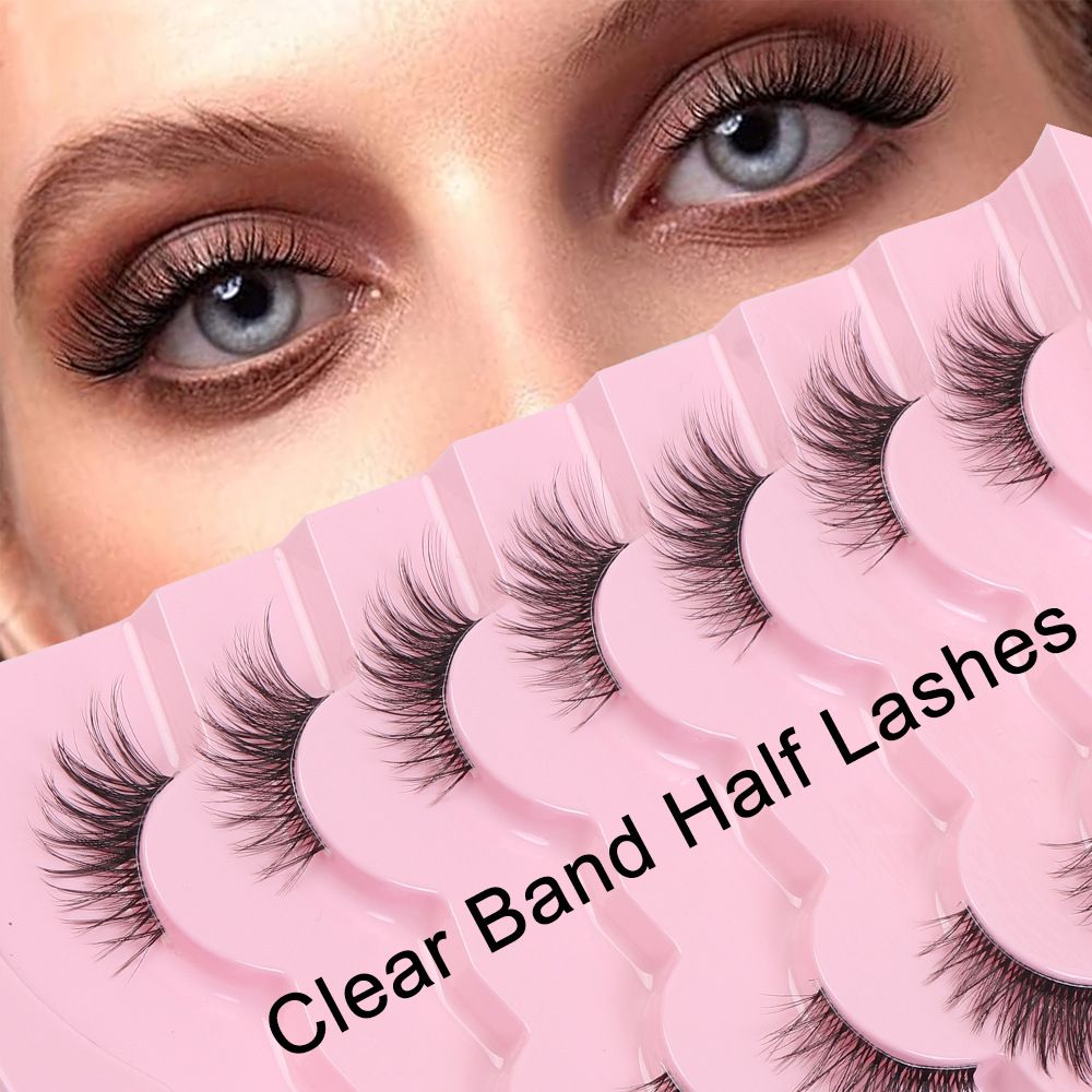 Ladies Europe and America 7 pairs of half hair cat eye transparent stem eye tail pull long natural half eye false eyelashes one piece HN-06