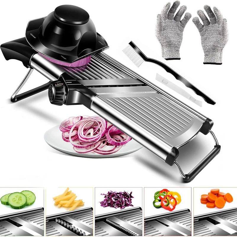 Adjustable  Food Slicer,  Slicer for Kitchen,  Potato, Tomato, Carrot, Vegetable, Fruit and Onion Cutter - Stainless Steel - INCLUDING 1 Pair Cut-Resistant Gloves