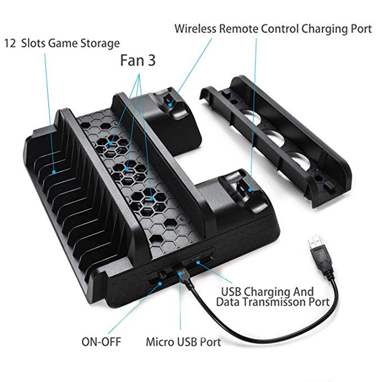 For PS4/PS4 Slim/PS4 Pro Vertical Stand with Cooling Fan Dual Controller Charger Charging Station For SONY Playstation 4 Cooler