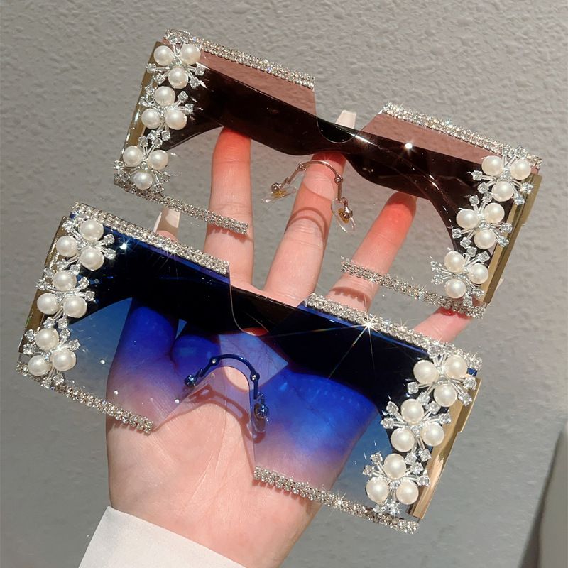 INS Trendy Rimless Square Sunglasses, Luxury Full Rhinestone Bling Design, Unique Stylish Party Stage Eyewear, UV Protection Fashion Street Shooting Sun Glasses