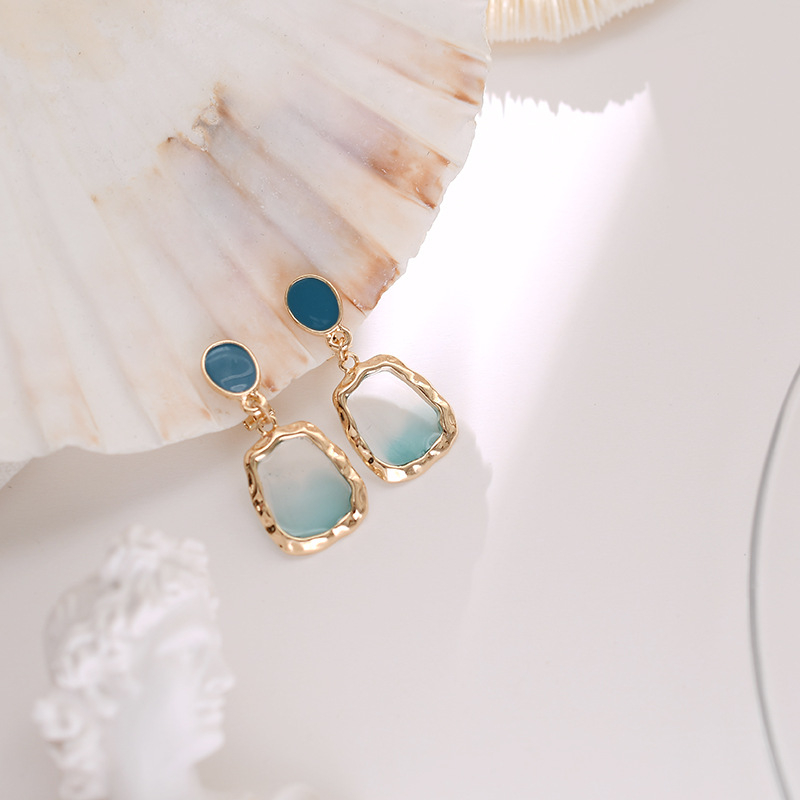 C060 Women's Simple Blue Silver Needle Earrings Geometric Shape Without Ear Holes Ear Clip