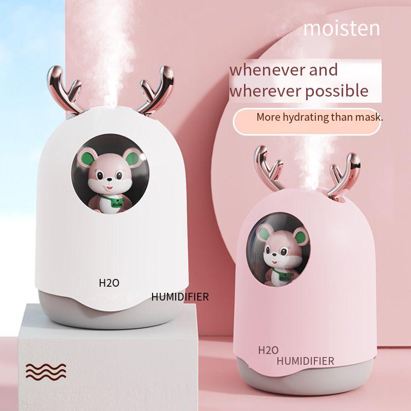 300ml Cute Deer Humidifier, Portable USB Mini Humidifier with Night Light, Quiet Desktop Humidifier for Home Office Bedroom, Small Cool Mist Humidifier for Personal Use, Cute Cartoon Design Air Humidifier for Dry Air Relief