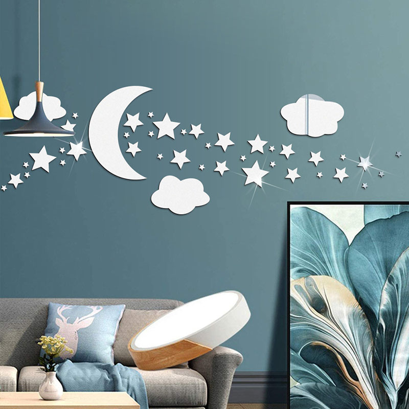 JM672 Different Size Stars Moon Cloud Set Acrylic Mirror Sticker 3D Self-Adhesive DIY Cartoon Mirror Wall Sticker